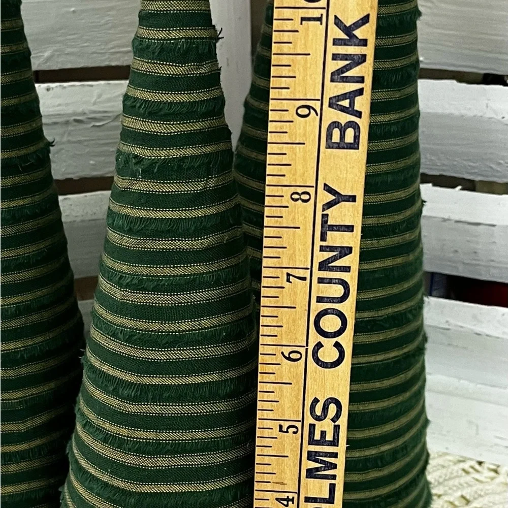 3 large Green Striped homespun fabric Cone Christmas Trees holiday farmhouse